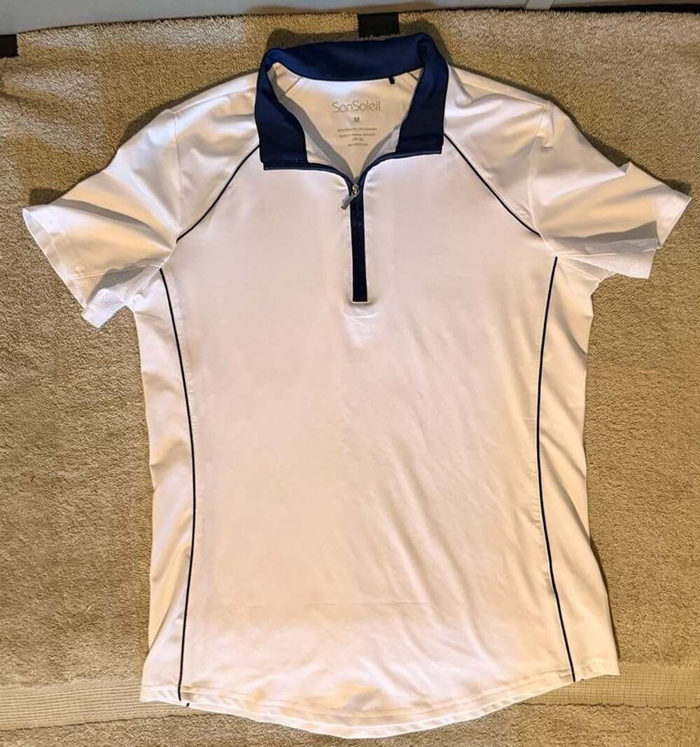 SanSoleil Women's White 1/4 Zip Golf Polo Shirt w/ Blue Trim UPF 50 Size M